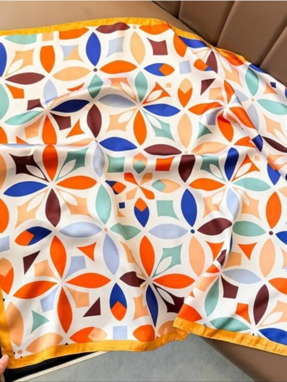 Silk-feel Geometric Floral Scarf in Orange, Blue & Aqua Head & Neck Scarf